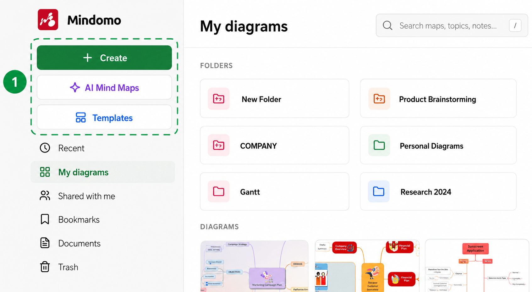 Mindomo Dashboard create buttons