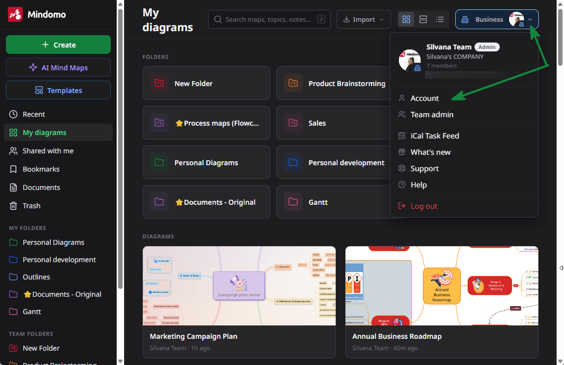 Mindomo interface, go to my account