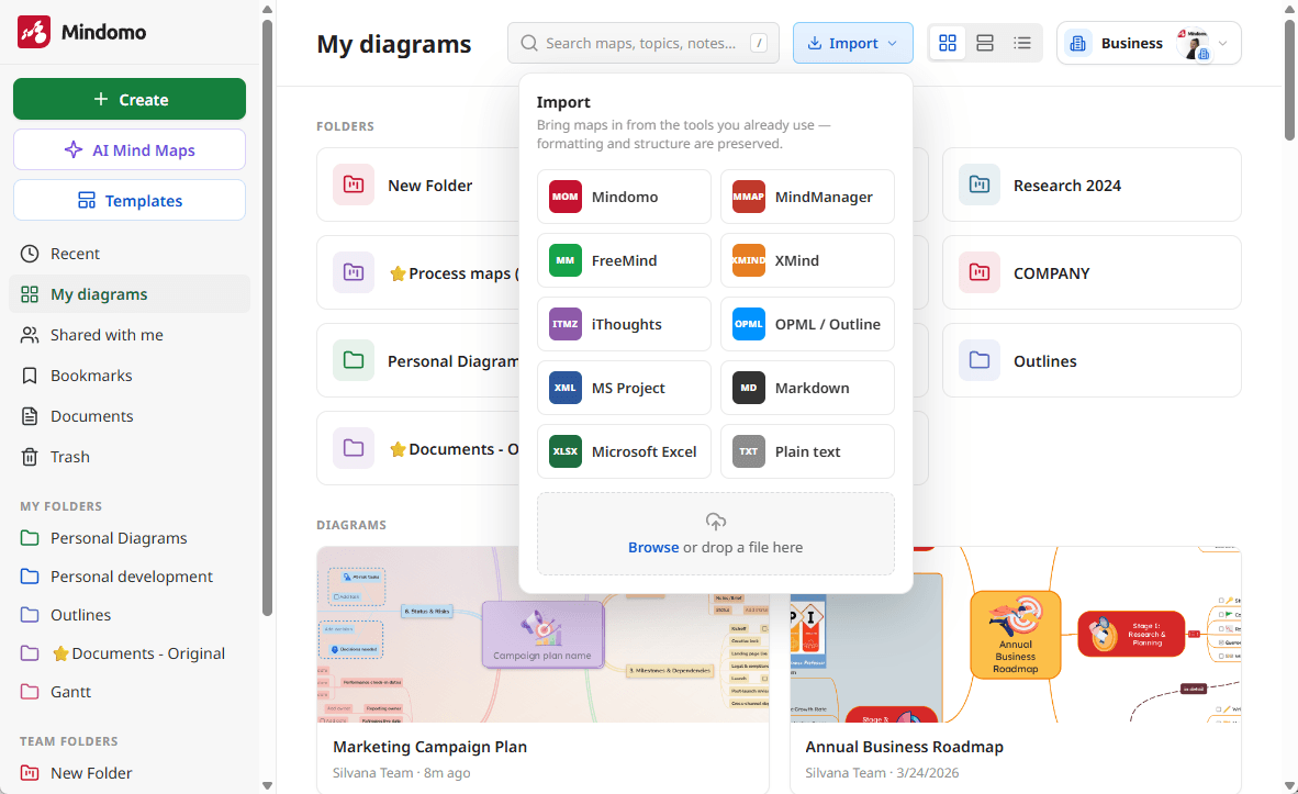 Mindomo import optons in the dashboard