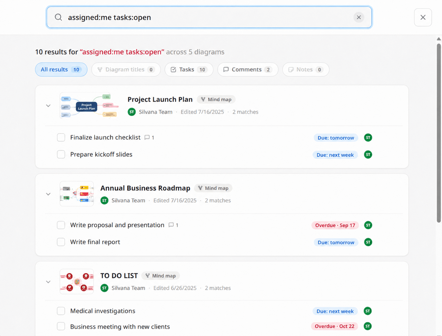 Mindomo dashboard search for tasks