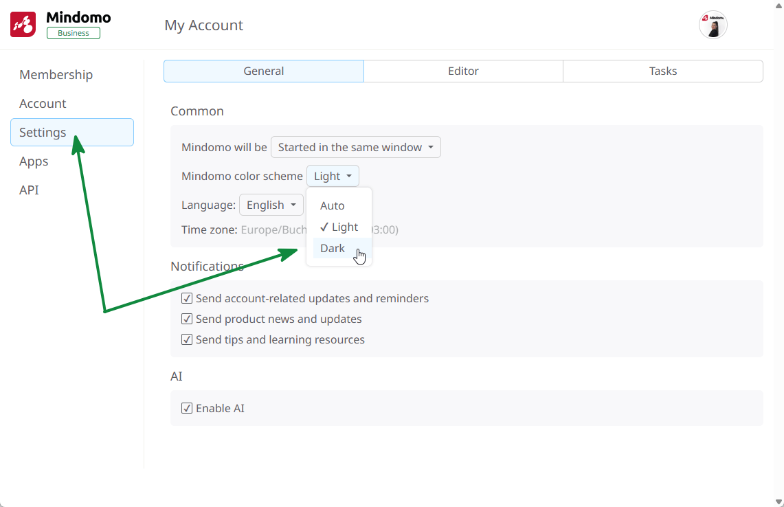 Mindomo settings