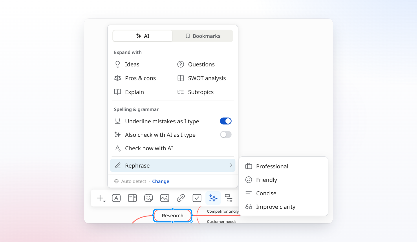 The AI menu of a selected topic, with Check now with AI and the Rephrase options Professional, Friendly, Concise and Improve clarity