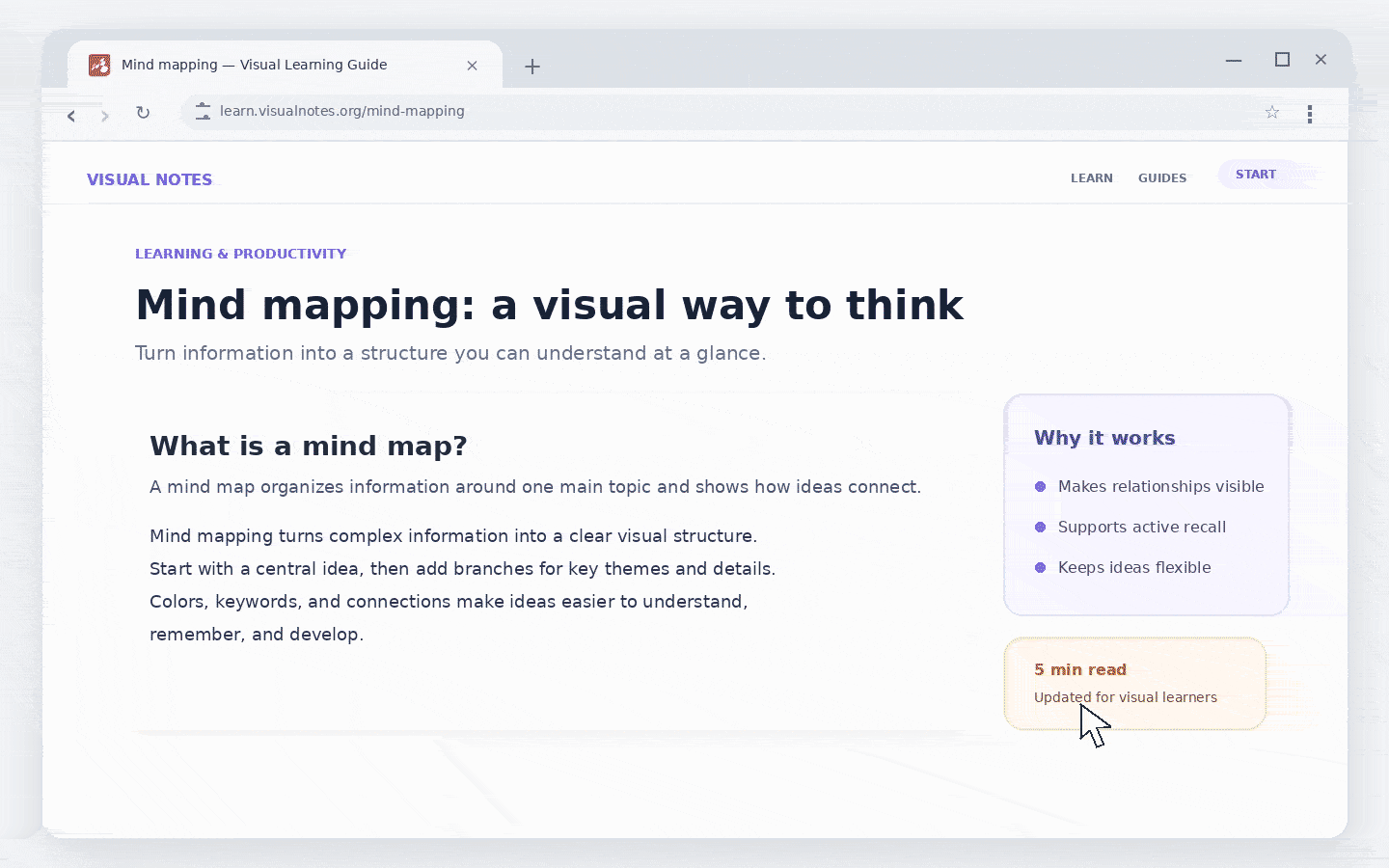 Animated demo showing text selected on an article, then Mindomo AI generating a mind map from it