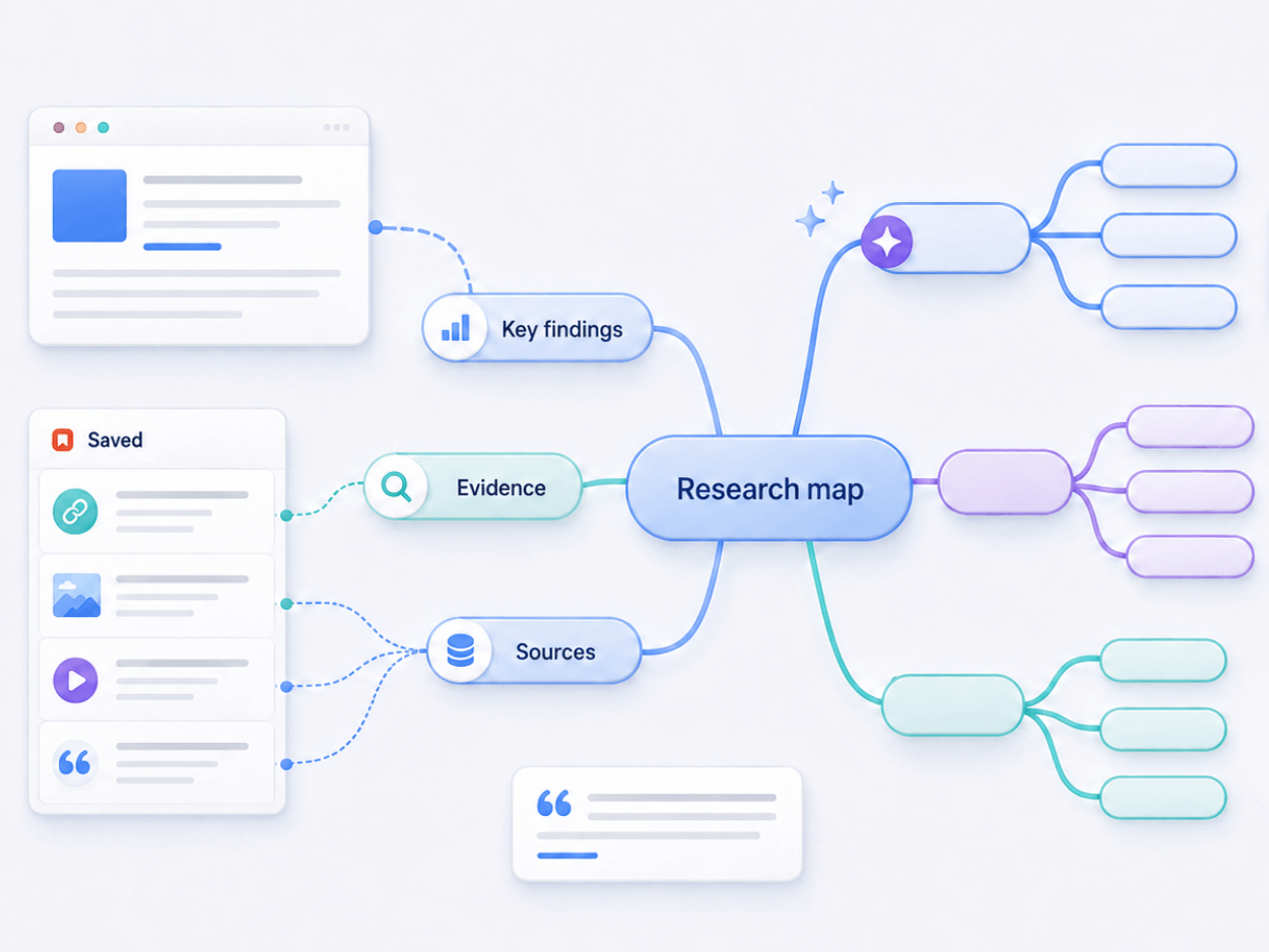 A finished mind map showing generated branches with saved bookmarks placed on them