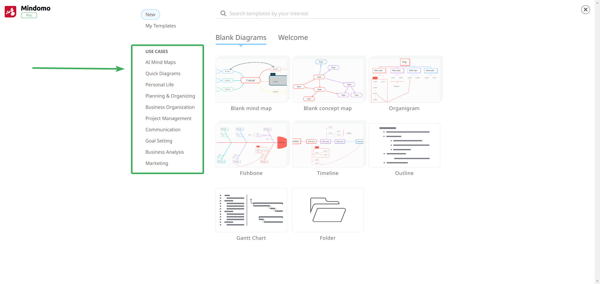 Mindomo use case categories of mind map templates