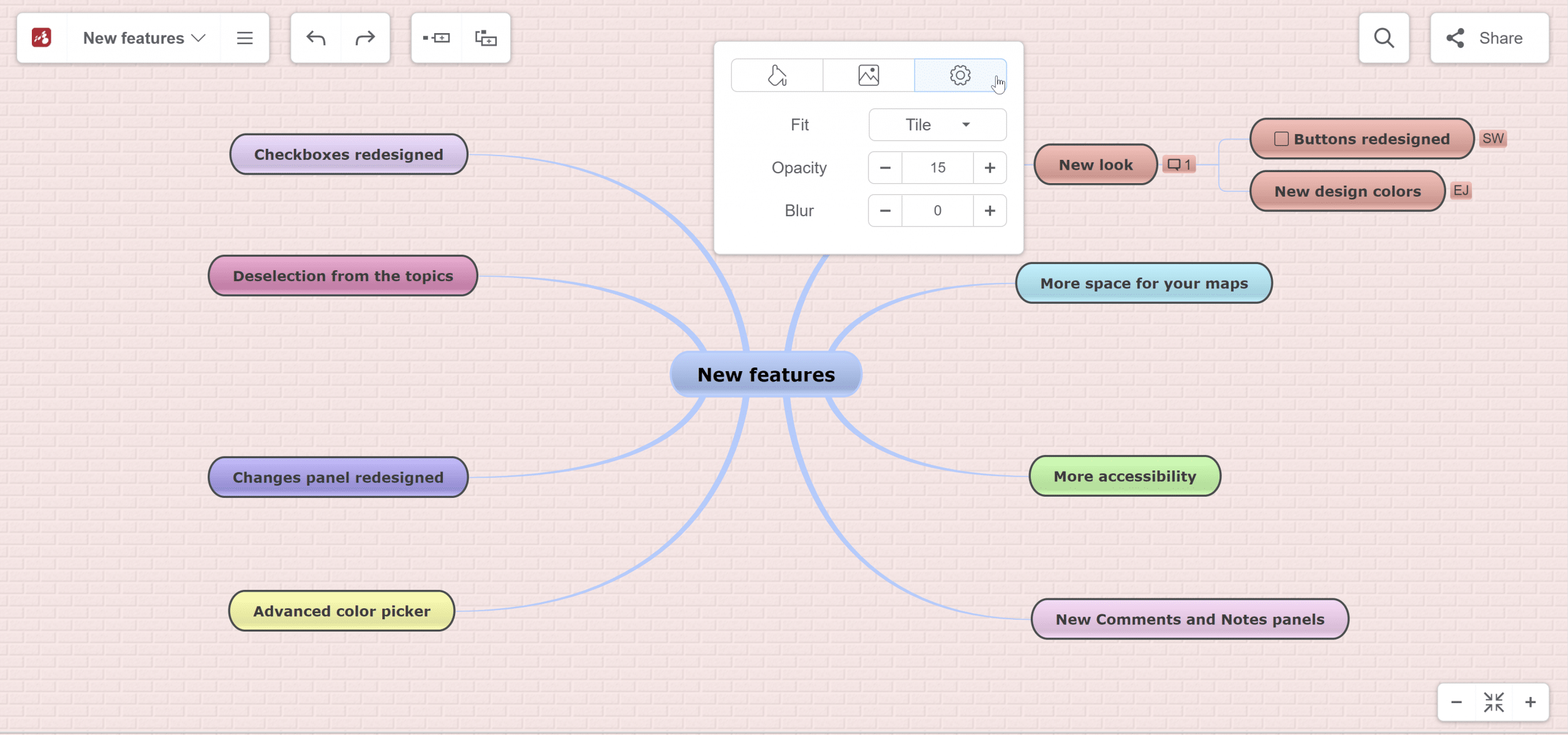 background settings: fit, opacity and blur for the mind map background