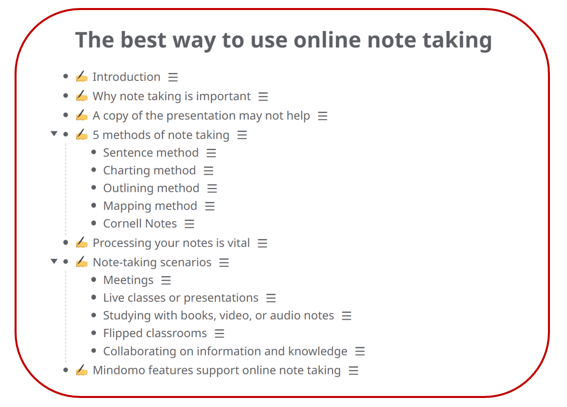 taking notes online in an outline layout