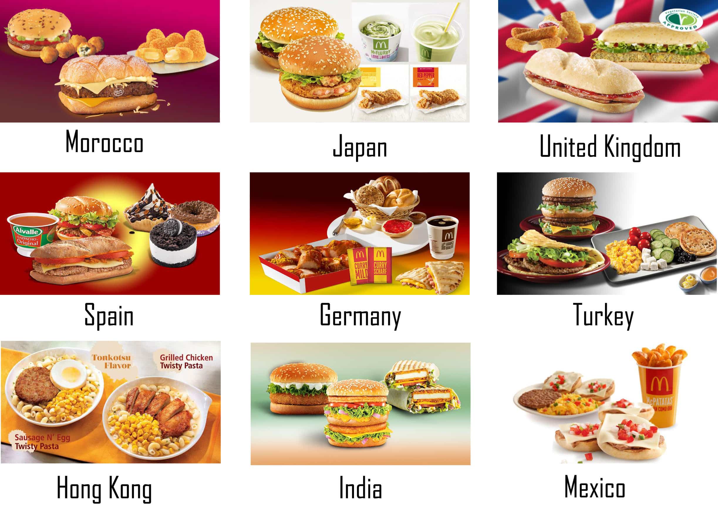 This is the Mcdonald's products from different countries and as you can see, McDonald's uses geographic marketing and uses th