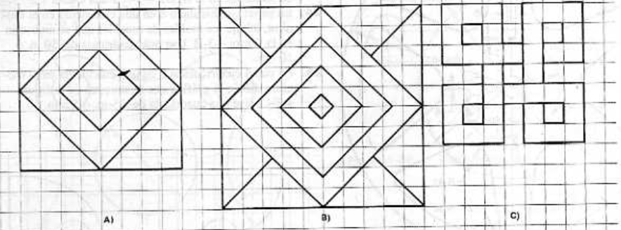 Lamina N° 7: Trazos II.- primero cuadricular con lineas guia (lapiz 3H) de 10 mm de separacion, luego dibujar las figuras con