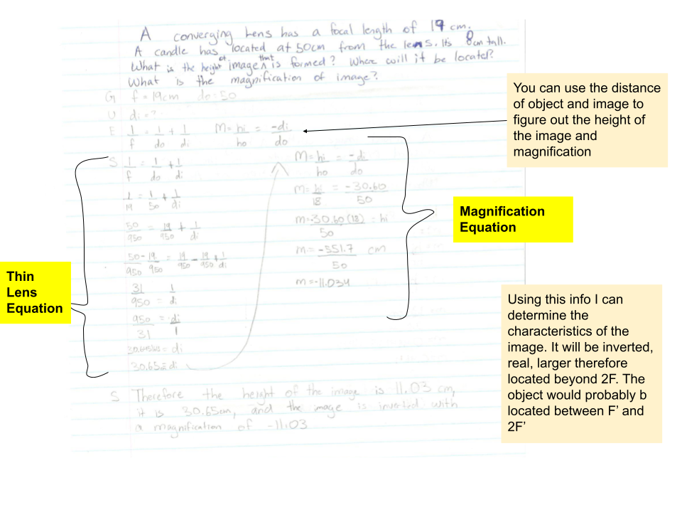 Thin Lens Equation
-1/f = 1/do + 1/di
-Tells us the location and image type