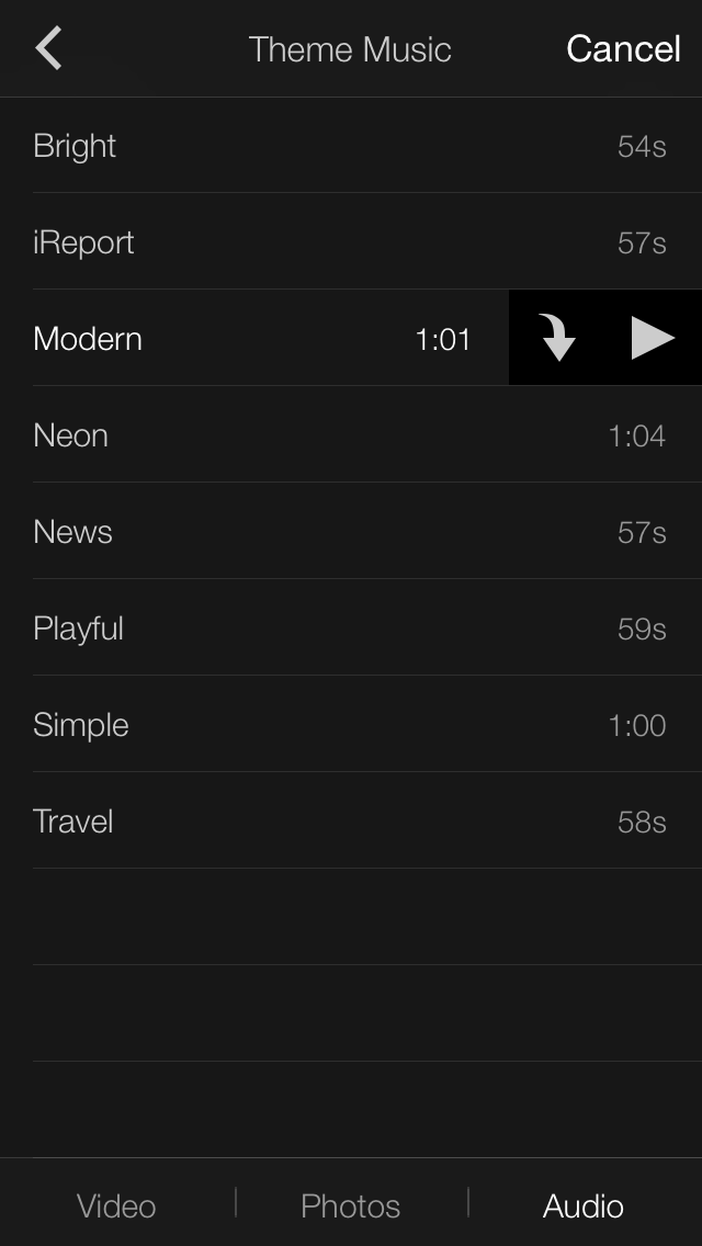 Tap the arrow to add the song to your video or tab the play icon to preview the song before you add it to your video.