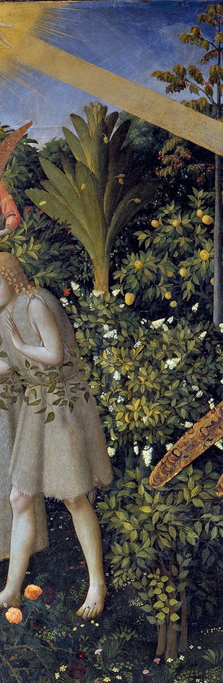 a sinistra è rappresentato il PARADISO TERRESTRE, simbolo di peccato ma anche riferimento all'hortus conclusus, simbolo di ve
