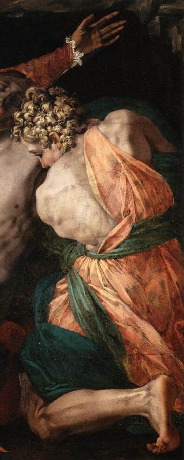 il corpo è sollevato da San Giovanni, inginocchiato in un complesso moto contrapposto:
piegato sulle ginocchia, fa forza sul 