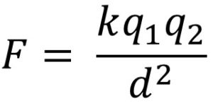 Colomb's Law (K = 8.99*10^9N*m^2*C^-2). Positive force = repulsive, negative force = attractive.