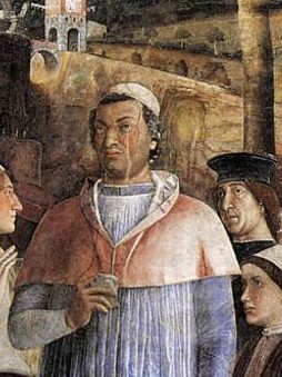FRANCESCO GONZAGA è raffigurato immobile e colto nell'attimo, circondato da parenti. E' raffigurato a tre quarti
