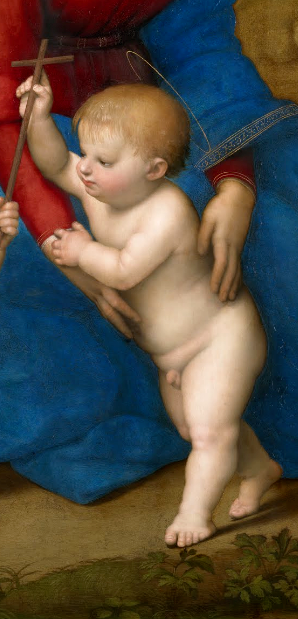Gesù Bambino si appoggia alle gambe della madre mentre cerca di tenersi in piedi, e sembra che stia muovendo i primi passi co