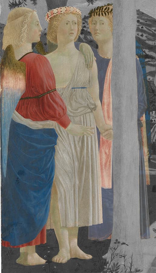 GLI ANGELI alludono alla trinità. Il colore delle loro vesti è quello degli abiti dell'ordine dei Trinitari: partendo da dest