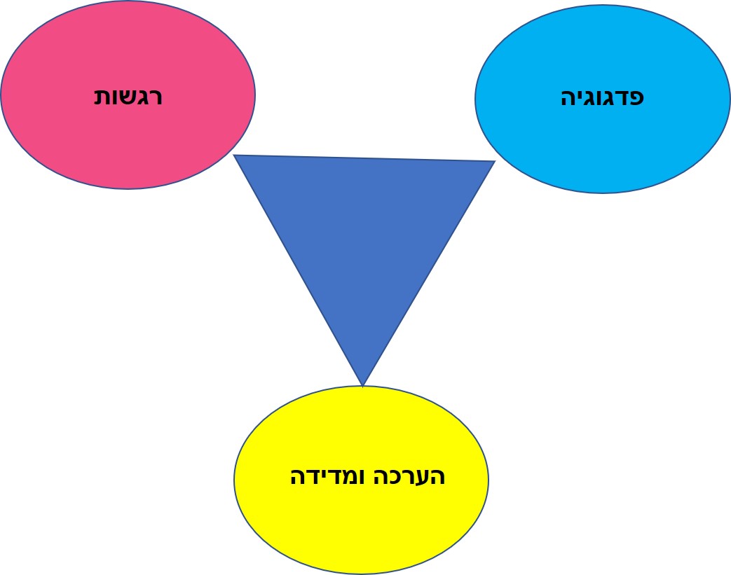 תפיסת הערכה בית ספרית
מתוך המיפוי המובנה שנעשה לבית הספר ומתוך הראיון עם מנהלת בית הספר (מצ"ב) עלה המודל של משולש הערכה-פדגוג