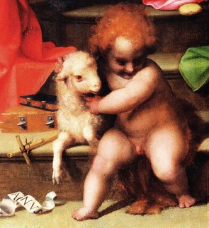 Ai piedi della santa
giacciono i suoi attributi, il
libro simbolo di Sapienza e la ruota del martirio. Al centro anche San Gi