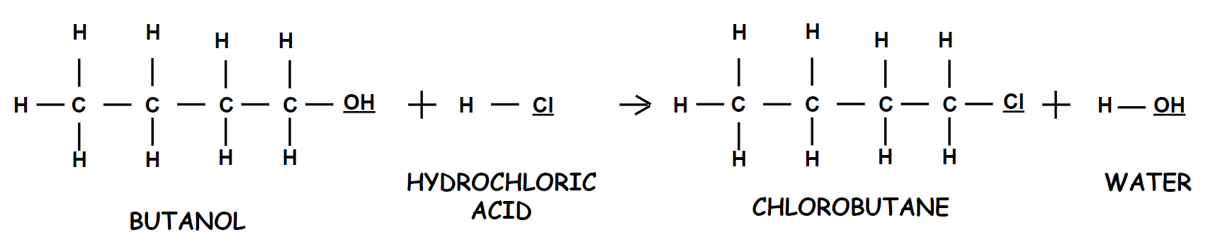 Butanol + Hydrochloric Acid --> Chlorobutane + Water