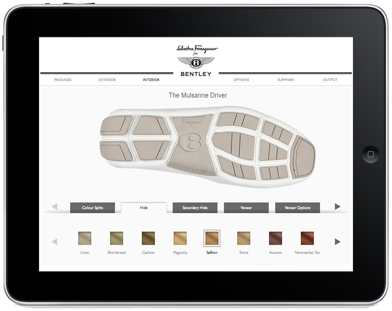 The Mulsanne Driver customisation app
- available on both brands mobile websites
- In-store at Ferragamo flagships
- Built in