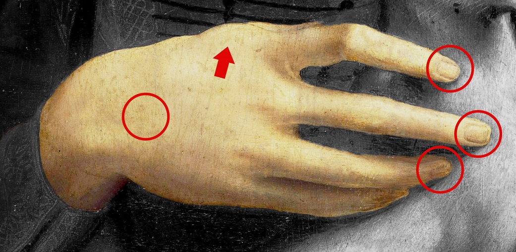 La mano è realizzata con estrema precisione: ci sono i contorni di tutte le unghie, delle rughe attorno alle nocche della man