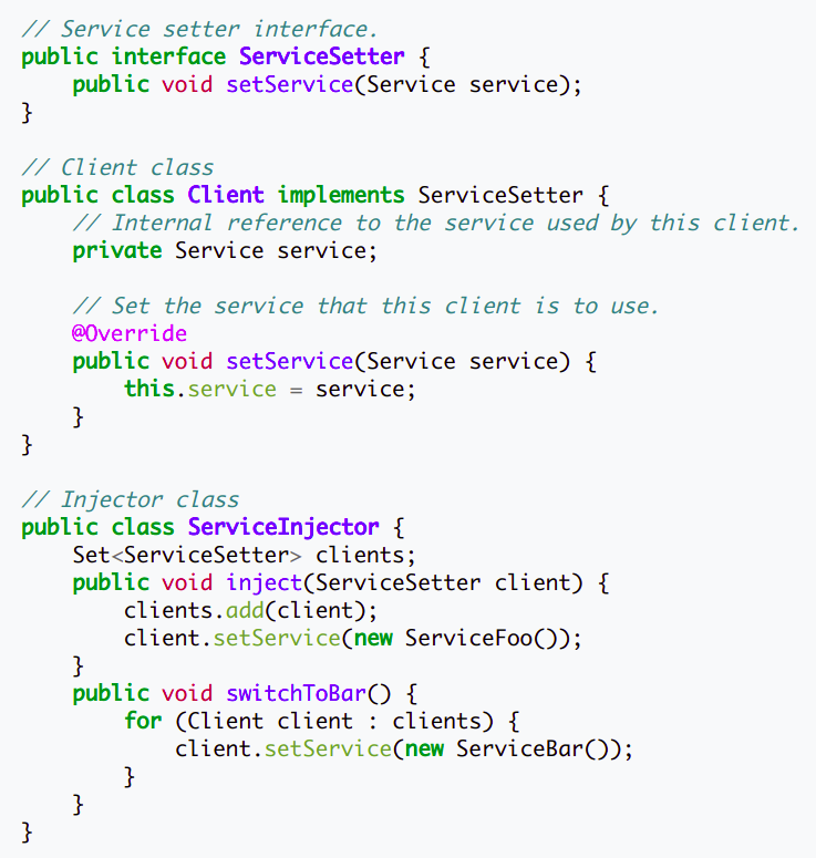 4. Full size implementation: The client implemented the injection interface and the injector class takes care the dependencie