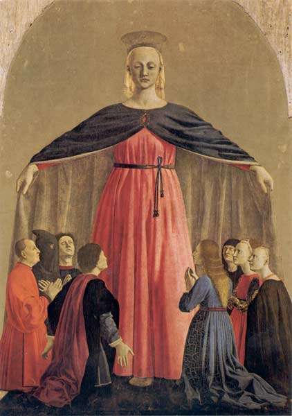LA MADONNA apre senza fatica il suo mantello entro il quale accoglie la popolazione elitaria del priore, dei consiglieri dell