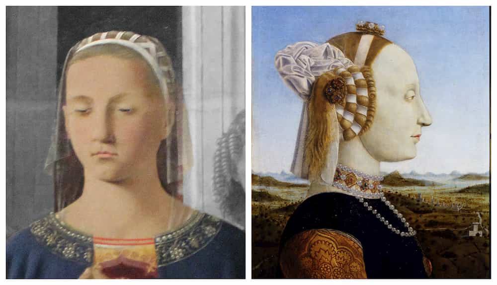 la VERGINE potrebbe, secondo alcuni critici, rappresentare la figura di Battista Sforza, moglie di Federico, morta nel 1472