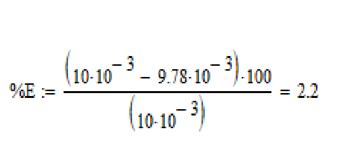 Utilice la ecuación del error porcentual para calcular el error de la cresta
%Є = |
𝑉𝑎𝑙𝑜𝑟𝐶𝑎𝑙𝑢𝑙𝑎𝑑𝑜−𝑉𝑎𝑙𝑜𝑟𝑀𝑒