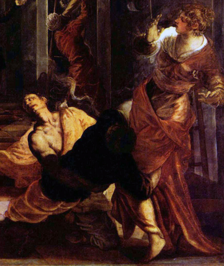 In un dinamico intreccio di figure scorgiamo l'indemoniato, rappresentato sulla destra, avvinghiato a una figura femminile, m