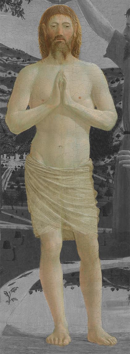 Cristo è immobile ed è al centro dell'opera, essendone il protagonista. I suoi colori rimandano a quelli dell'albero accanto