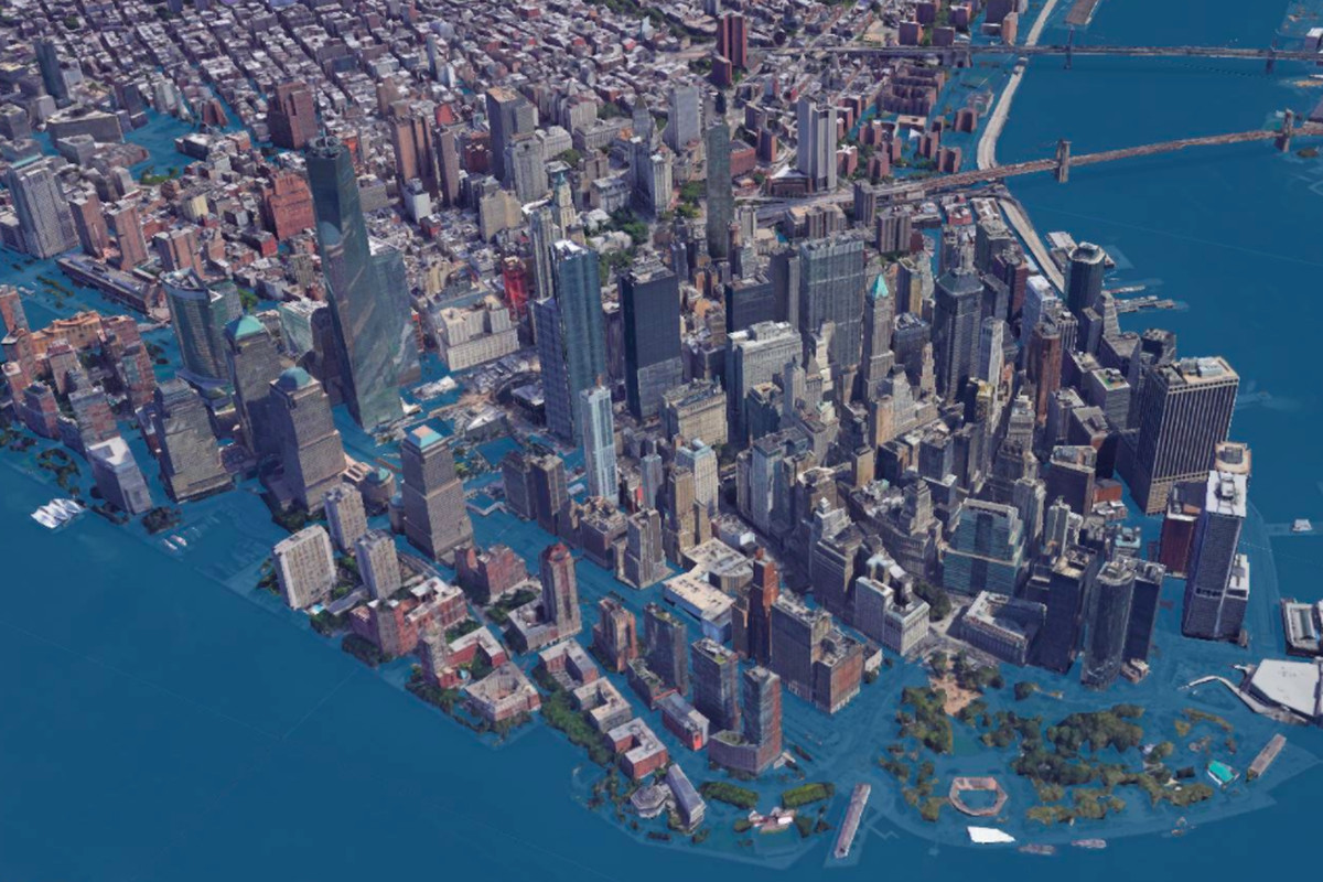Rising sea levels in New Ywork City, New York, United States caused by global warming.