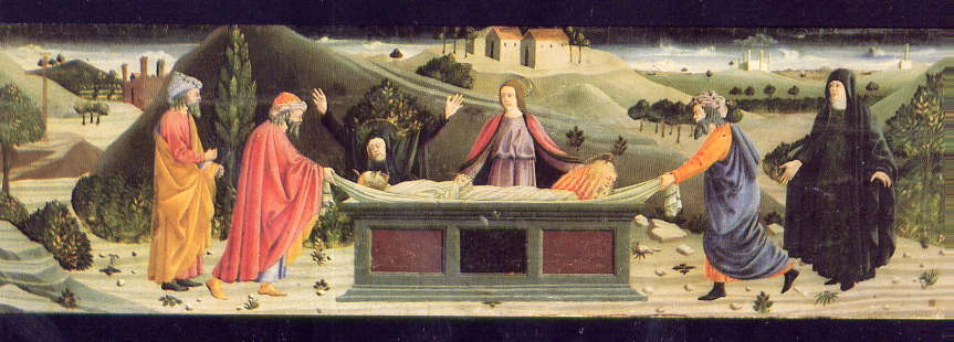 La predella si suddivide in cinque scene comprendenti da sinistra: la Preghiera nell’Orto, la Flagellazione, la Deposizione, 