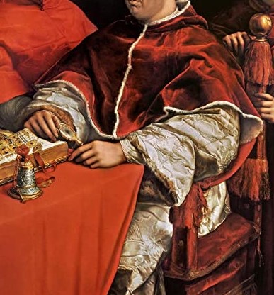 La veste del pontefice è rossa, colore dominante dell'opera, in contrasto con l'oscurità retrostante