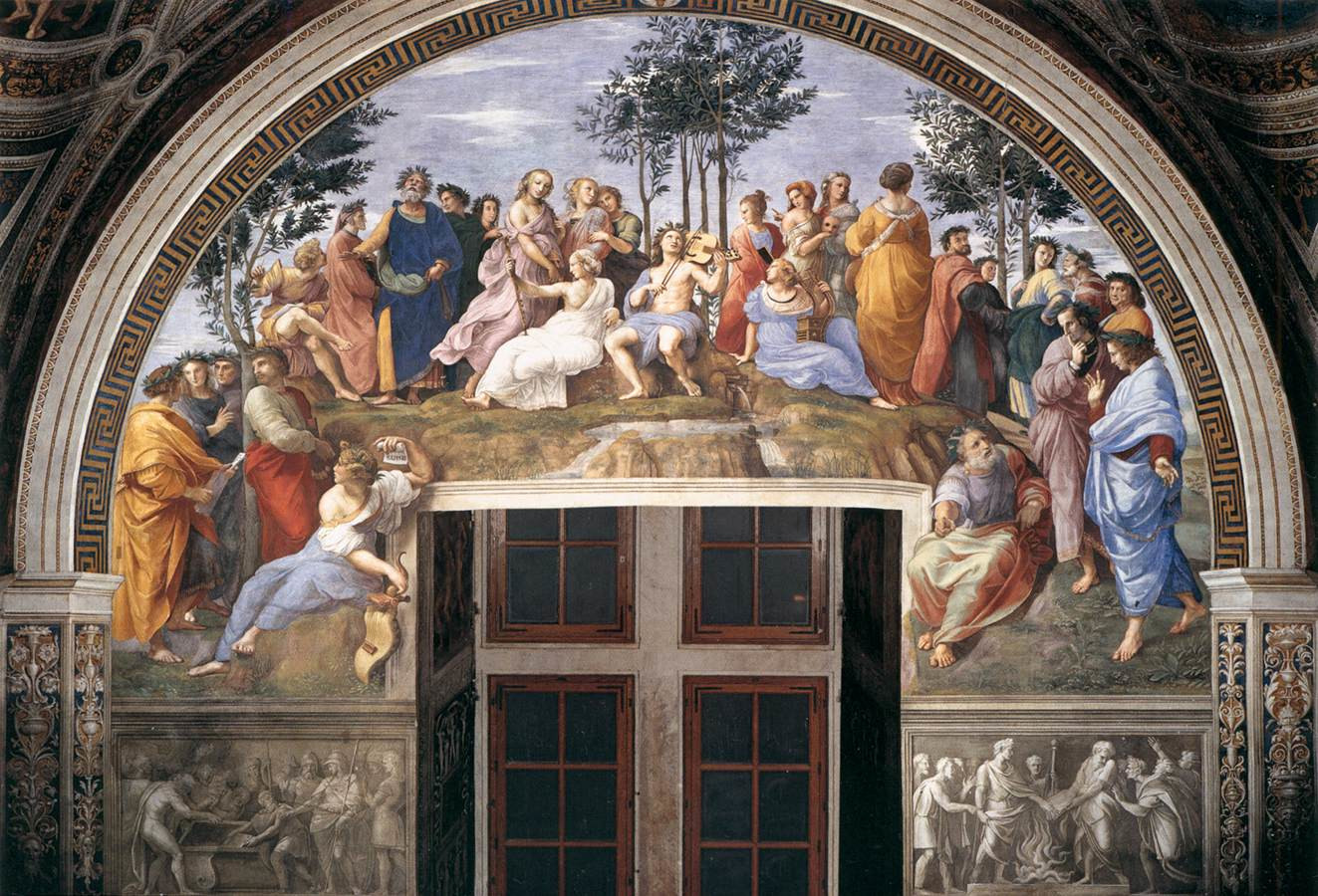 Nel Parnaso di Raffaello si nota una prevalenza di colori freddi e azzurri del paesaggio. Tra le figure invece si nota un’alt