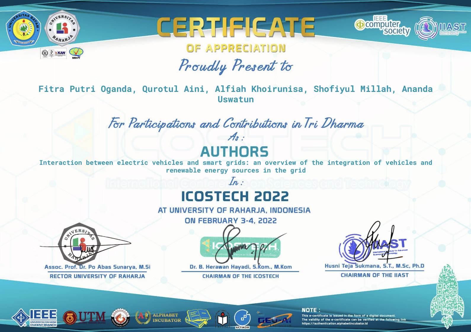 ICOSTECH 2022 (SCOPUS CONFERENCE INTERNATIONAL)
Interaction between electric vehicles and smart grids: an overview of the int
