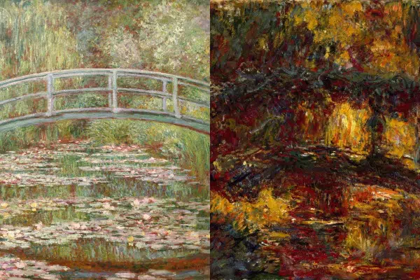 The painting Water Lillies before and after he was diagnosed with nuclear cataracts.