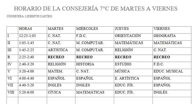 HORARIO MARTES A VIERNES