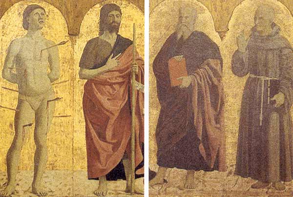 San Sebastiano e San Giovanni Battista, a destra, San Bernardino da Siena e San Giovanni Evangelista, a sinistra. I santi son