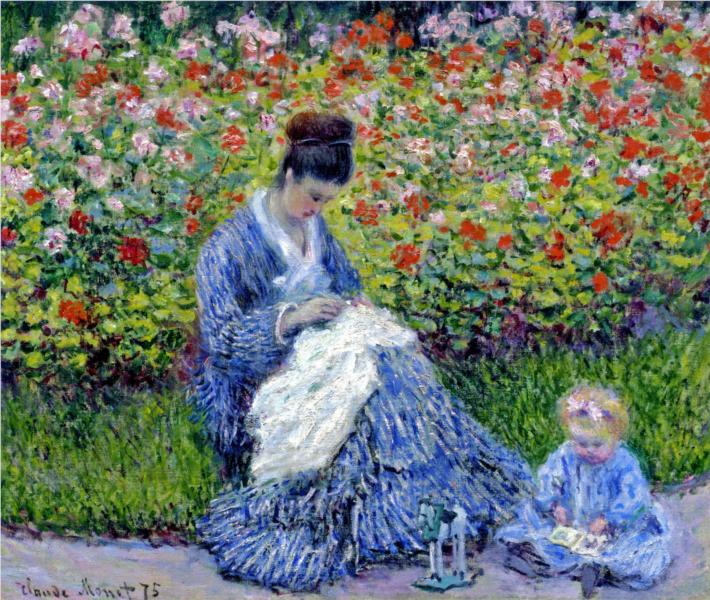 Art he painted in 1875, of his late wife titled "Camille Monet et un enfant au jardin"