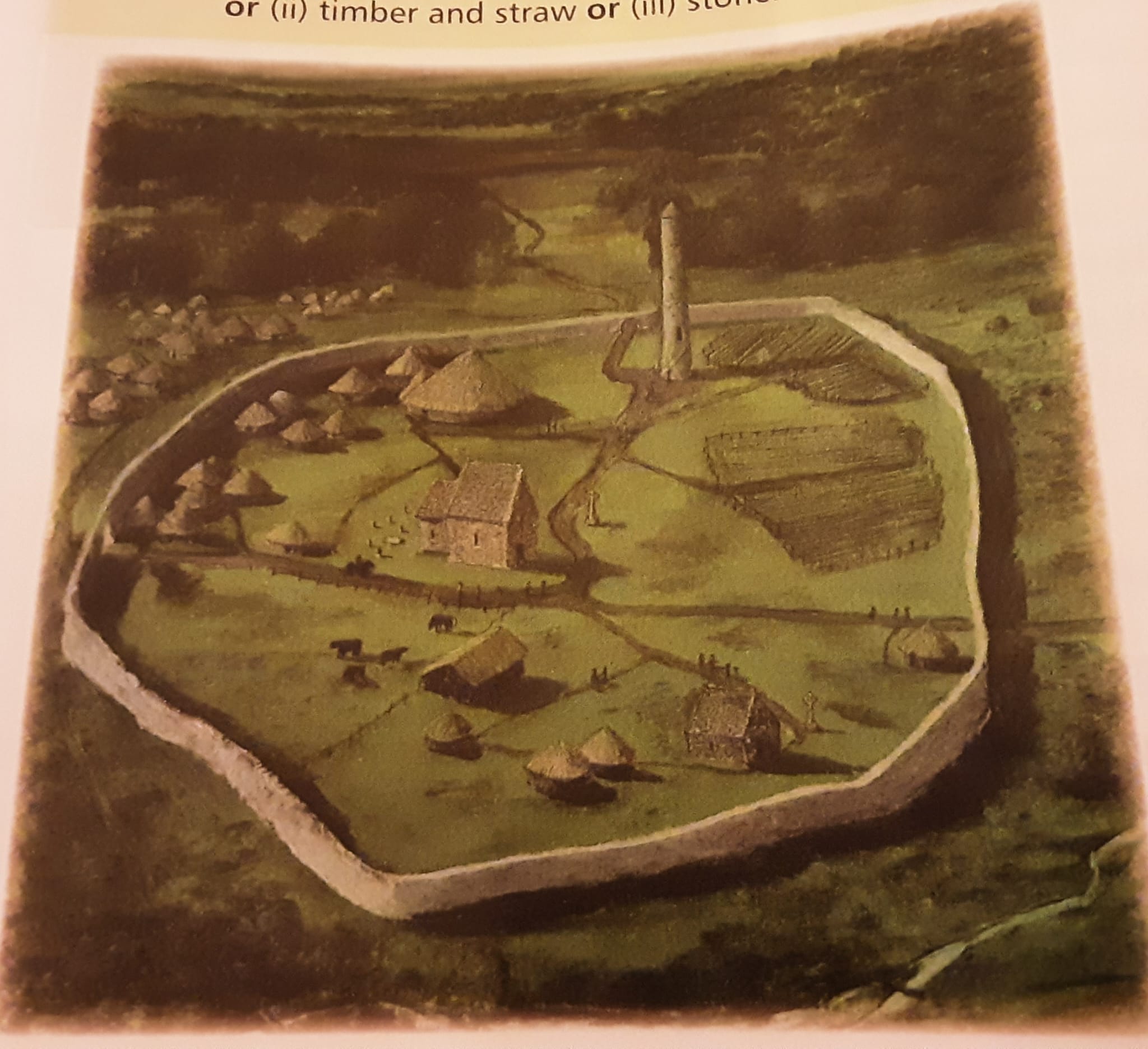 An artist's reconstruction of an early Irish monastery with round tower wattle and daub and thached roof houses, and a stone 