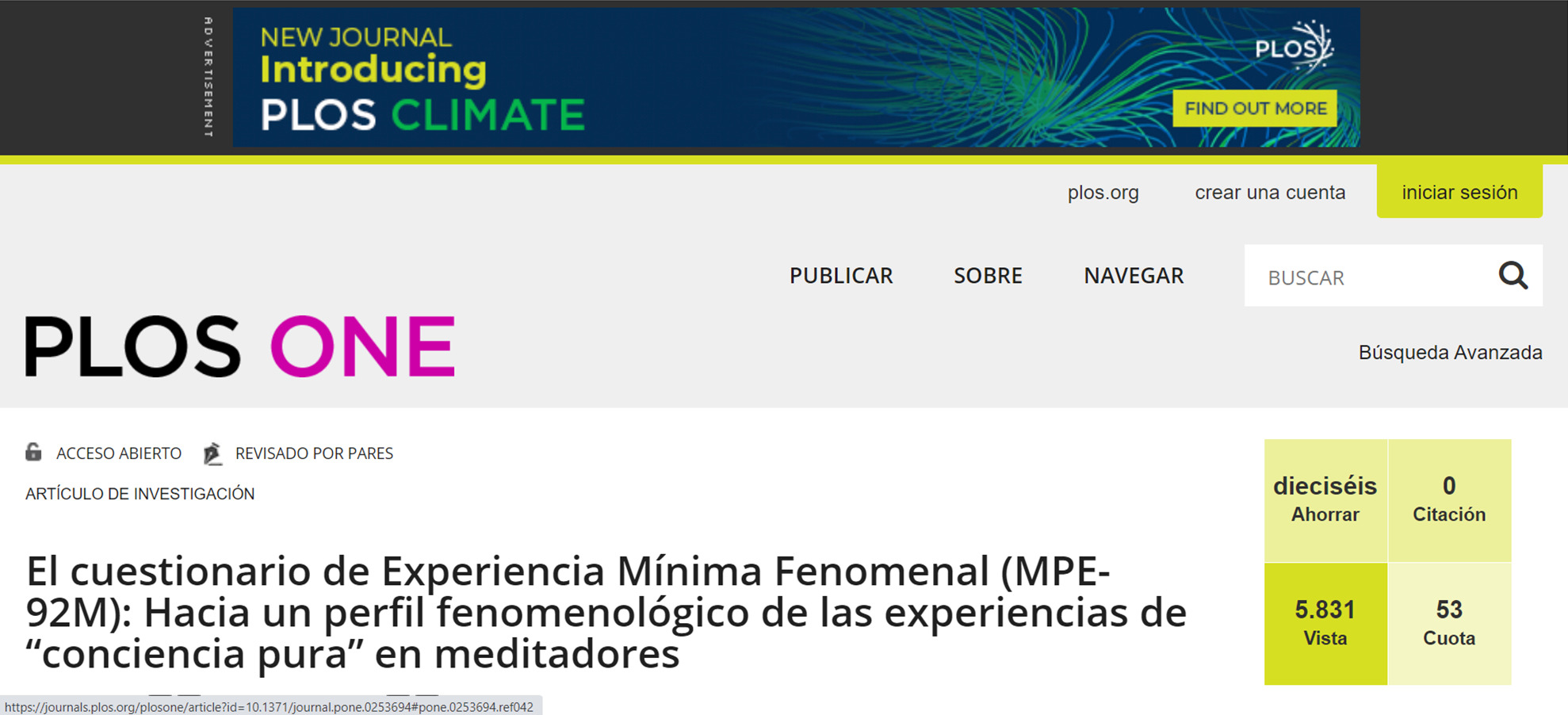 Estudio sobre la esencia de la Conciencia en PLOS ONE