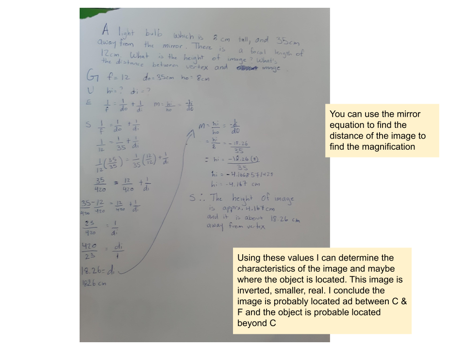 Mirror Equation
-The equation is : 1/f = 1/do + 1/di
-Tells us the distance between an (unknown) image