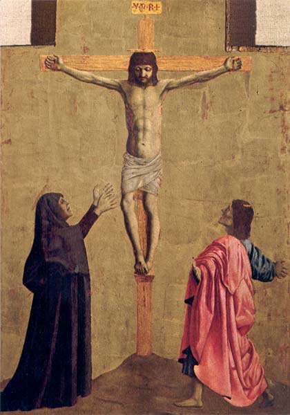 Il CROCIFISSO, opera dalla qualità e dalla spiritualità altissima, riprende molto l'opera di Masaccio. Ai lati la Vergine e S