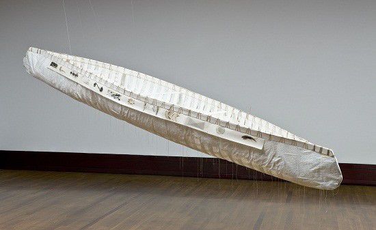 Bonnie Devine, Canoe, 2003, mixed media and graphite on paper, thread, twine, beads