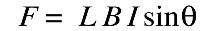 Magnetic force on a current carrying conductor. θ represents the angle between the magnetic field and the current. B is the m