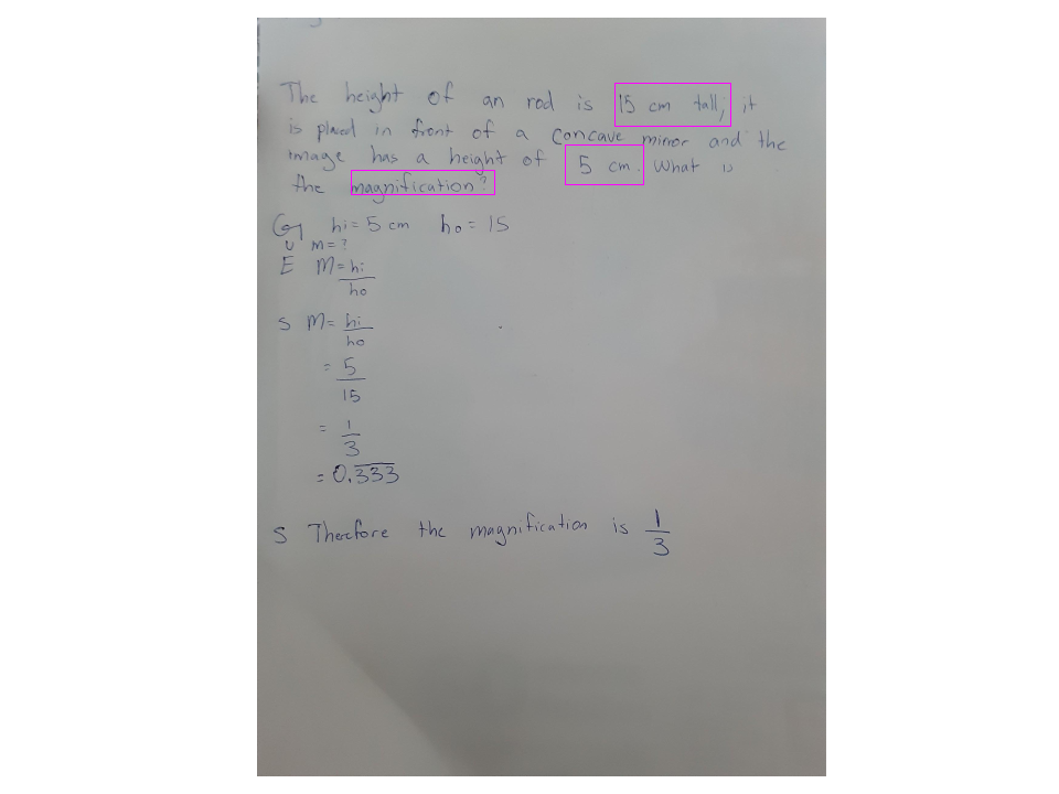 Magnification Equation
-Tells us the height of the (unknown) image
-The equation is as follows 1/do + -1/di= 1/ho+1/hi