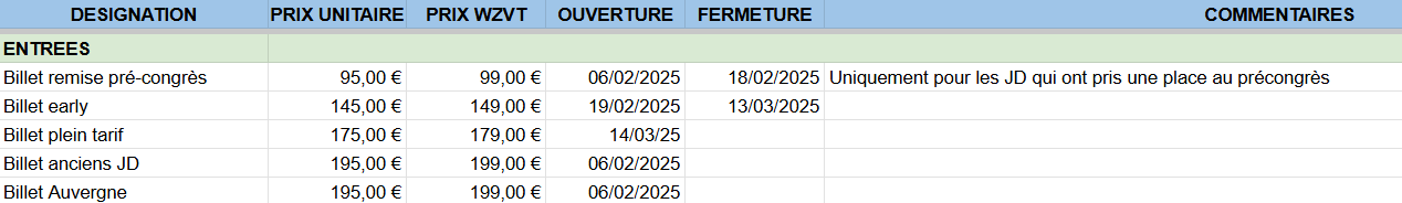 Tarifs