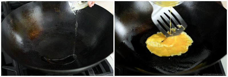 4. Heat pan on high and pour in 2 tablespoons of neutral oil when pan is hot and pour in whisked eggs.